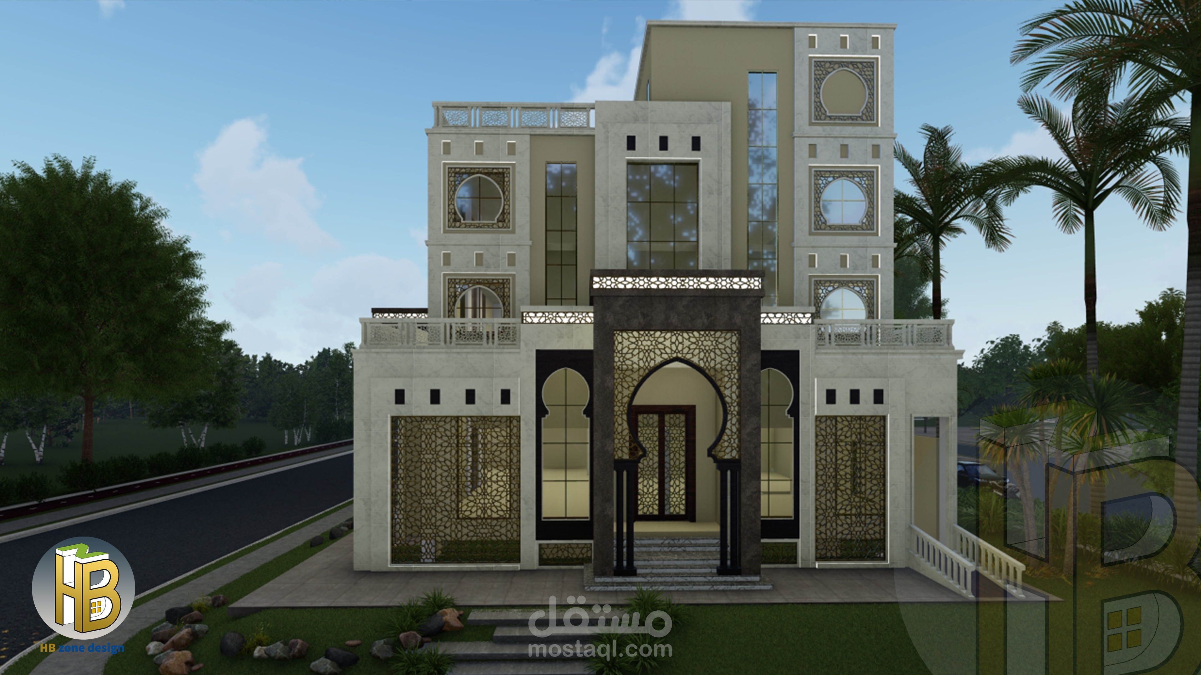 تصميم واجهة فيلا (طراز أندلسي-إسلامي) | مستقل