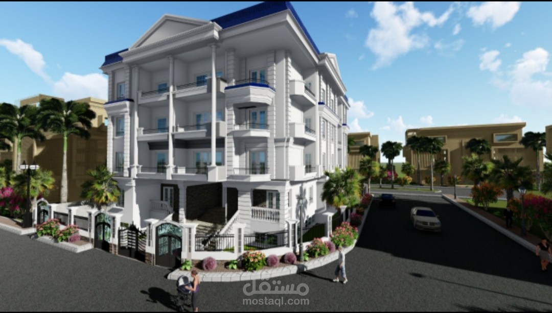 تصميم معماري وانشائي  لعمارة سكنيه بالتجمع الخامس مع عمل منظور للواجهه
