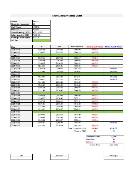 نموذج اكسل لحساب ساعات العمل الاضافي و التأخير للموظف بشكل يومي وحسابها مع الراتب