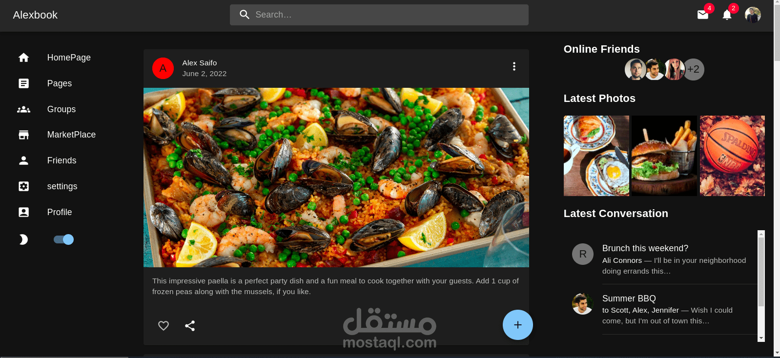 An Interface like Facebook by React.JS and Material UI