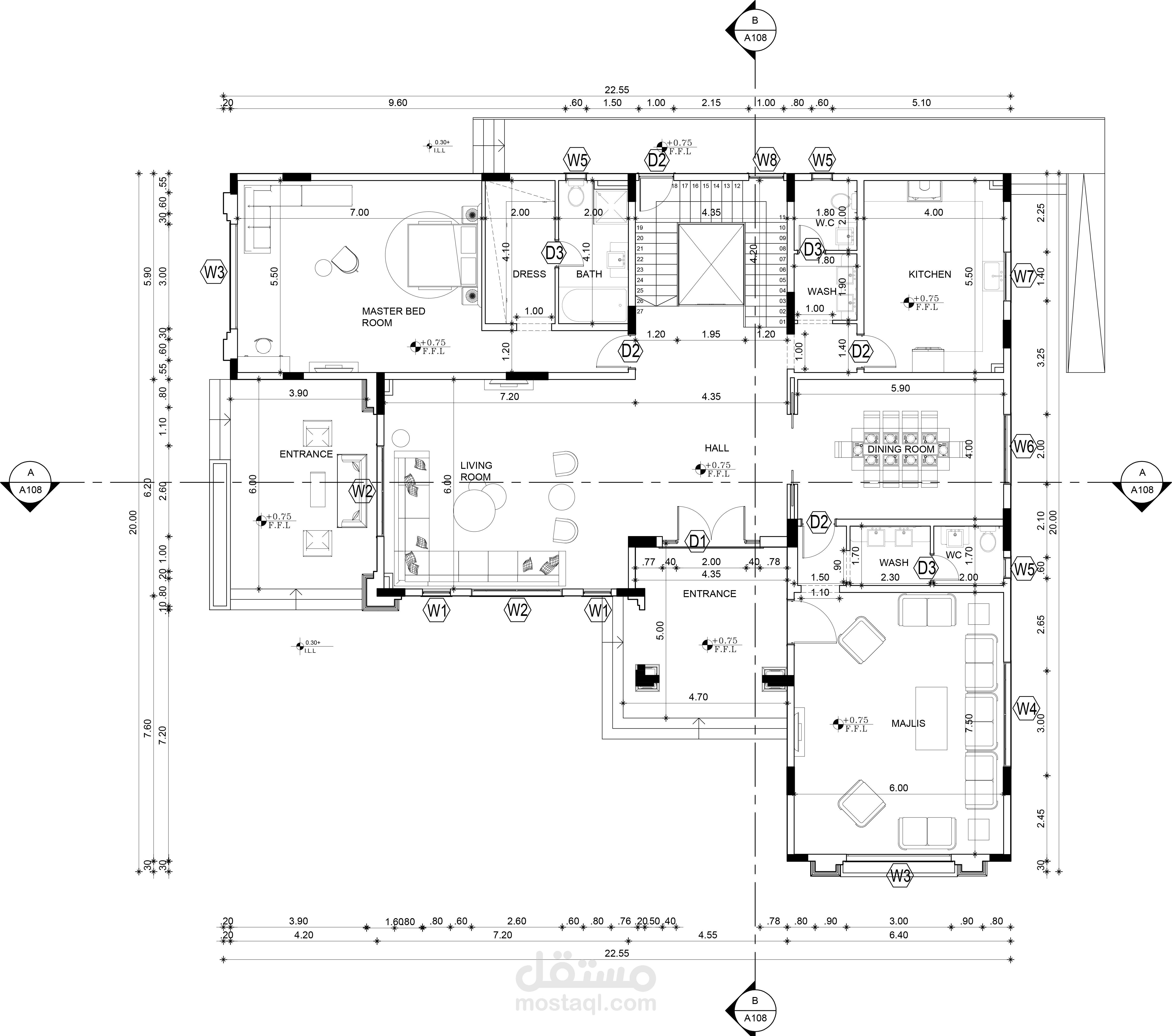 تصميم ورسم بلانات معمارية مع توزيع الفرش