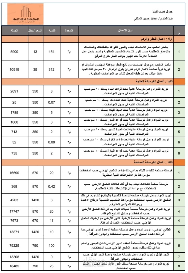 حساب كميات مع التسعير لشركات التأمين ضد العيوب الخفية وللبنك