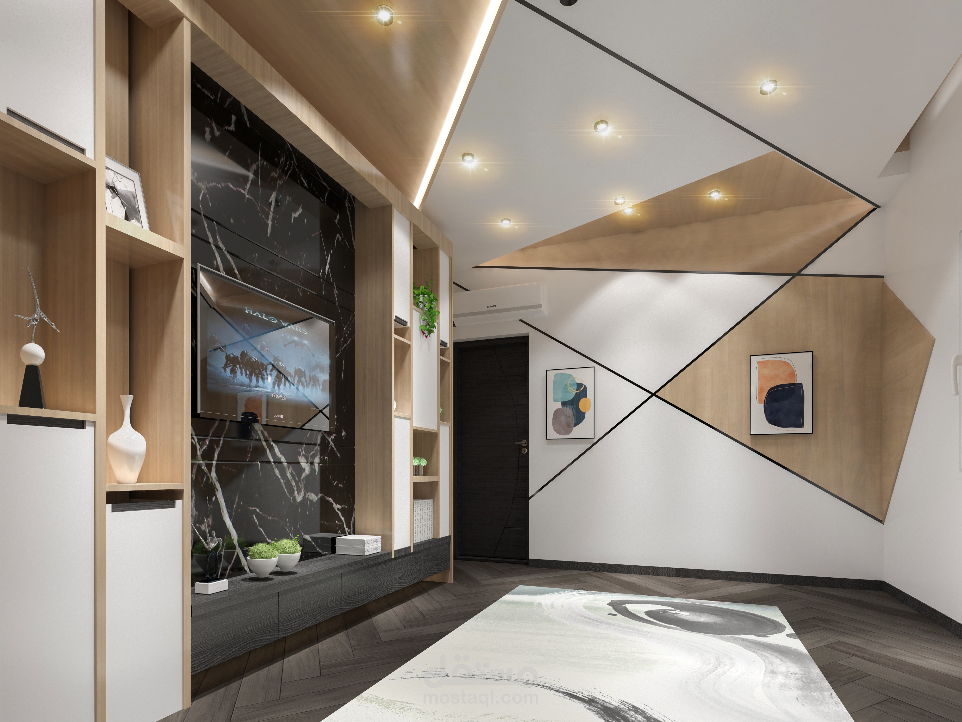 تصميم غرفة معيشة بأفكار حديثة دون فرش