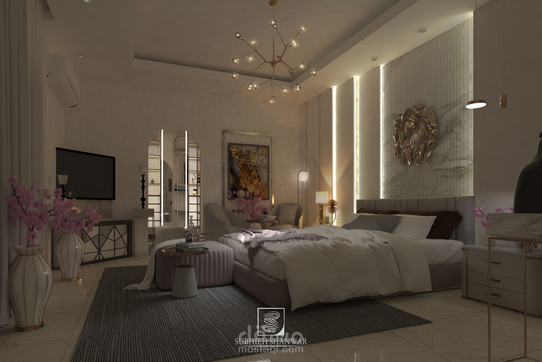 تصميم داخلي لغرفة نوم مع غرفة ملابس