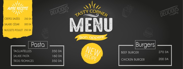 محل يتخصص بالسندويش و الأكل السريع (Tasty Corner)   POSTER + 2 MENU