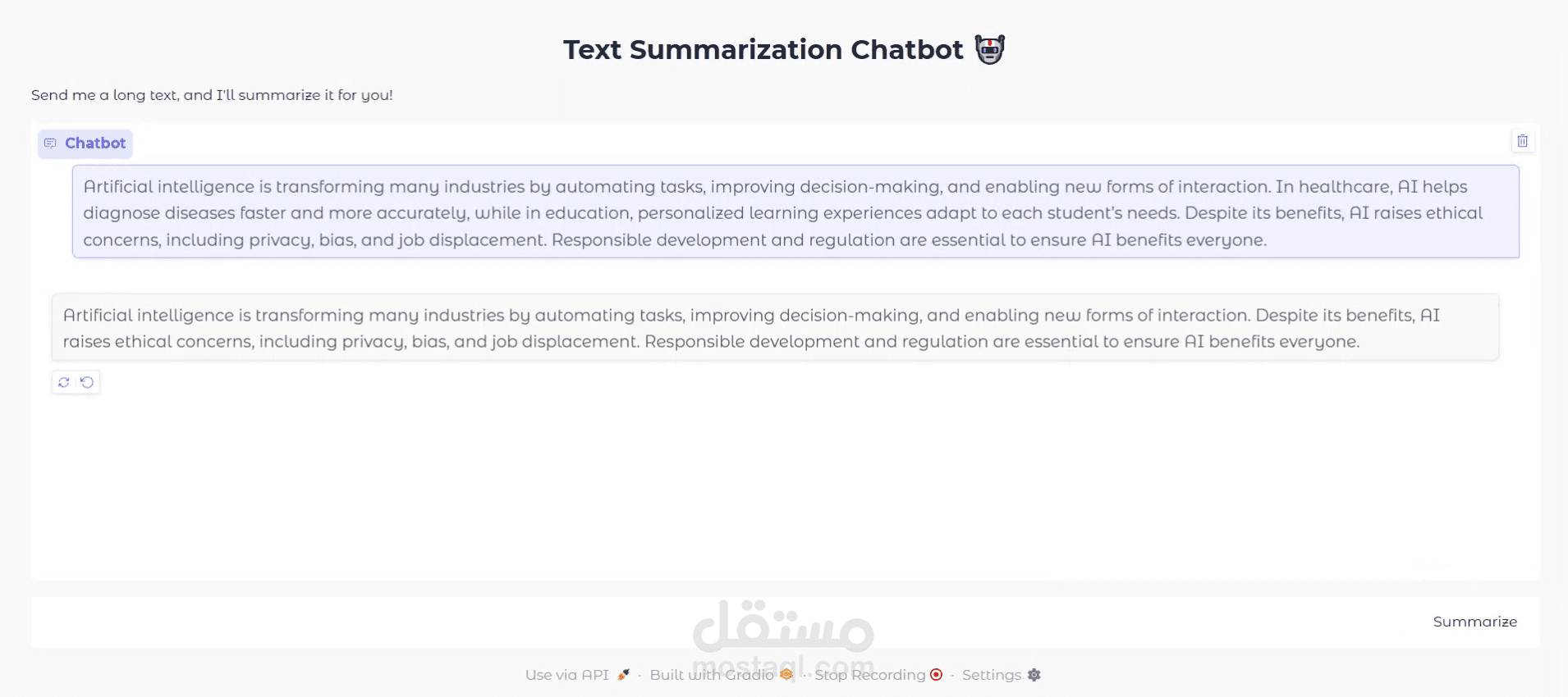 تطوير Chatbot لتلخيص النصوص الطويلة باستخدام تقنيات NLP الحديثة