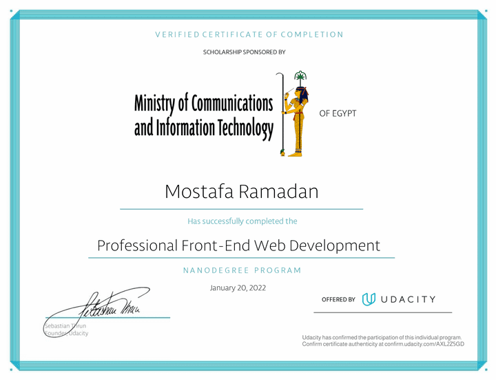 شهادة اتمام مسار Front-End من Udacity