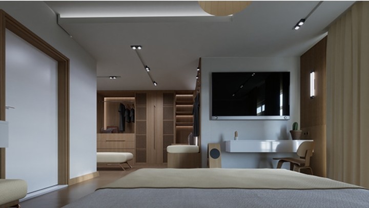 Japandi bedroom with walkin dressing area