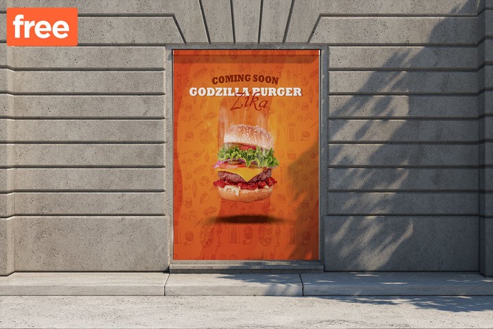 تصميم بوستر اعلان عن محل برجر بيقدم برجر ب اسم (GODZILLA BURGER)