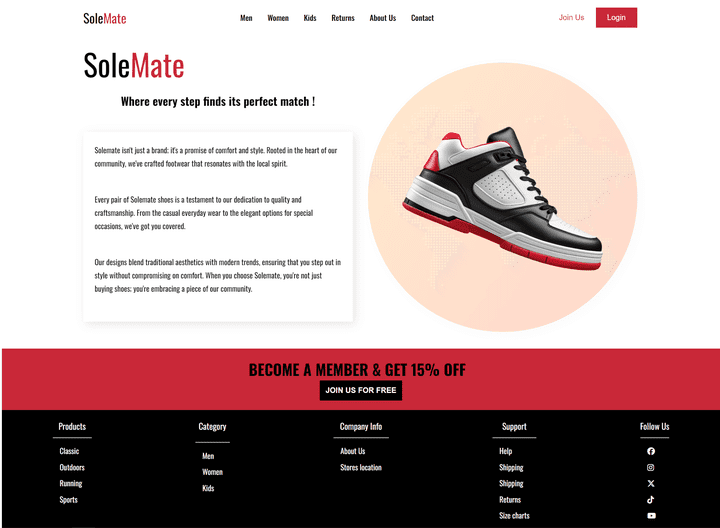 SoleMate Landing Page -صفحة هبوط لشركة أحذية