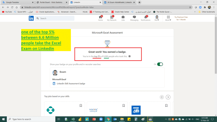 One of the top 5% took Excel assessment on LinkedIn