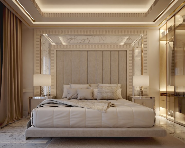 Residental master bedroom ,semi white toon ,luxurious