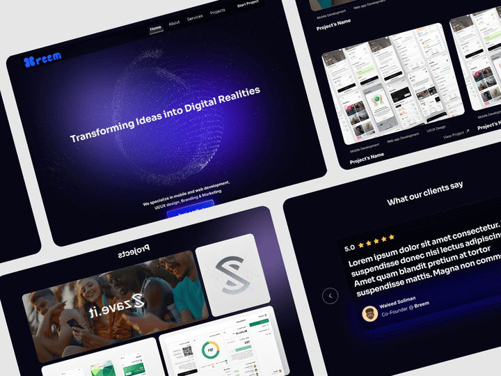 واجهة مستخدم أنيقة وحديثة لصفحة الهبوط الخاصة بـ Breem للحلول الرقمية | Sleek and Modern Landing Page UI for Breem's Digital Solutions