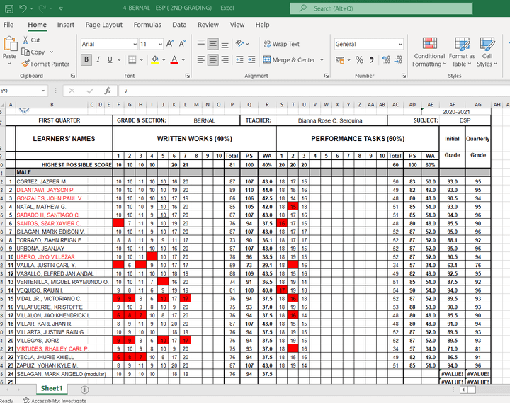 data entry sample grading sheet