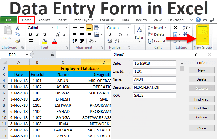 data entry form in excel