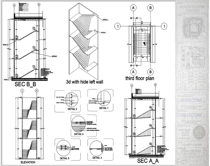 (stairs shop drawing  ) مخططات تنفيذيه لمشروع ثقافي