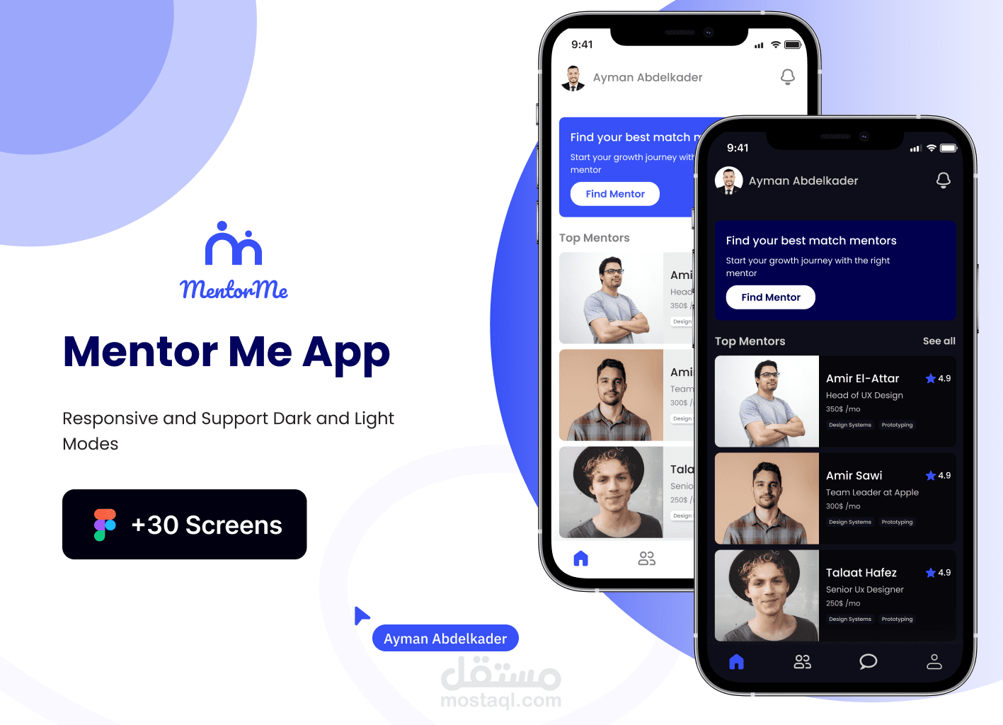 تطبيق Mentor Me – تصميم متجاوب يدعم الوضعين الليلي والنهاري (Light & Dark Mode Responsive App Design)