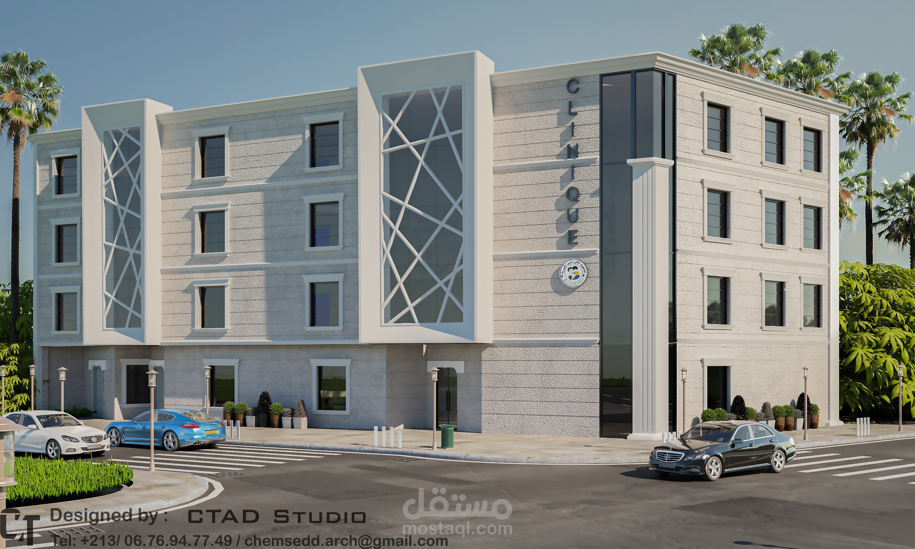 تصميم خــارجـي ثلاثي الأبعاد لــواجـهة مصحة طبــية  3D Exterior Elevation Design of a Medical Clinic