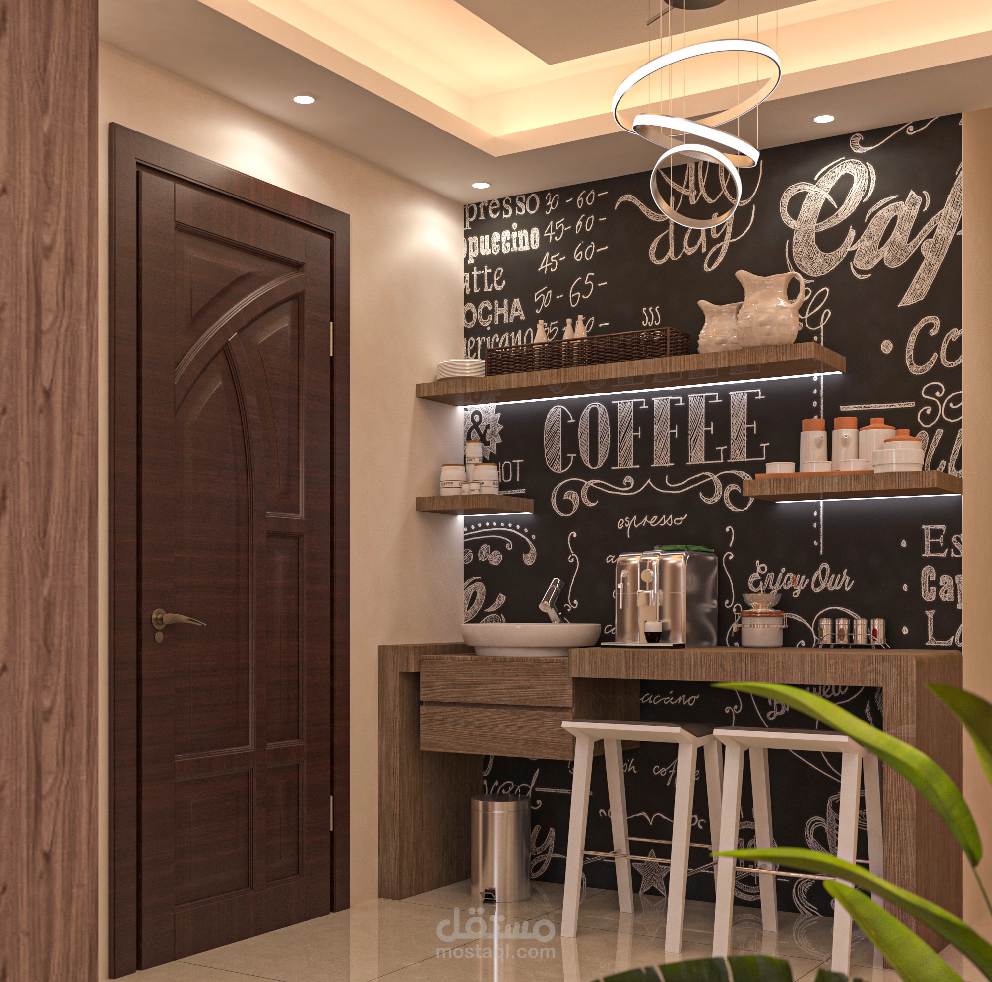 تصميم داخلي ل منطقه استقبال ومعيشه وطعام وكافي كورنر