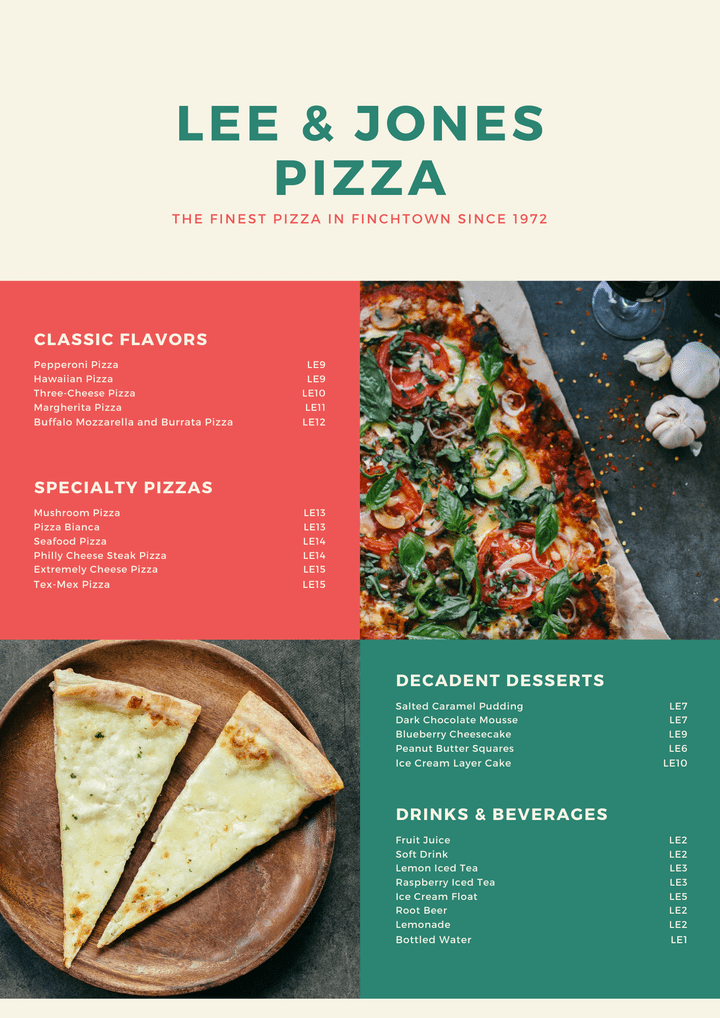 menu for pizza Resturant