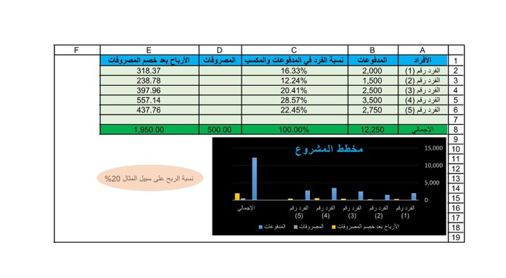 تصميم برنامج على إكسل لحساب نسب المكسب والمبالغ لكل شريك في المشروع ونسبته بعد خصم المصاريف