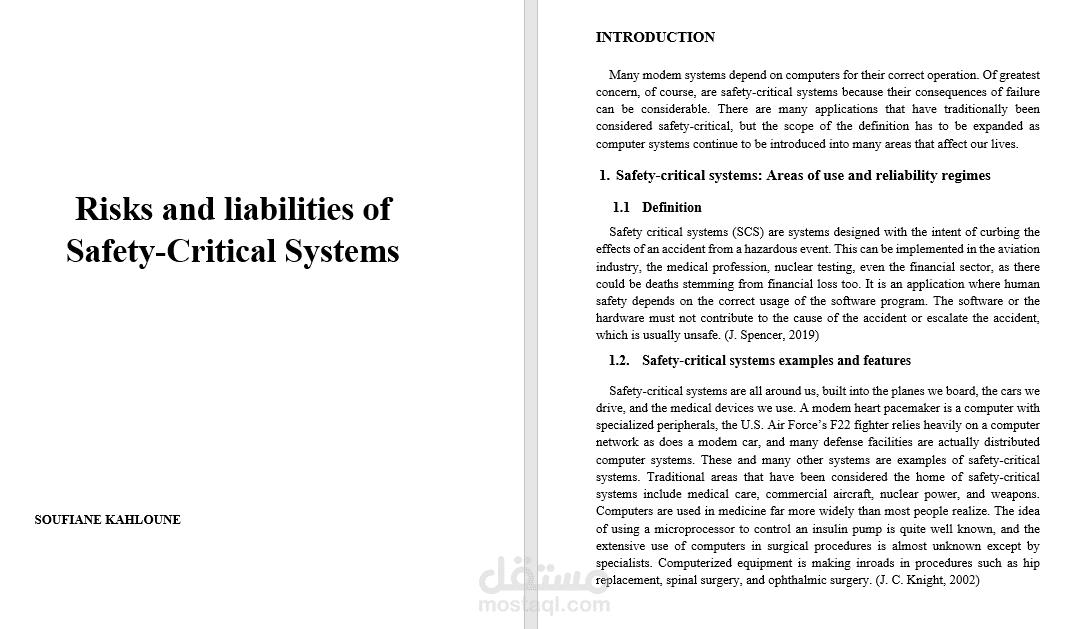 إنجاز تقرير علمي عن Risks and liabilities of Safety-Critical Systems