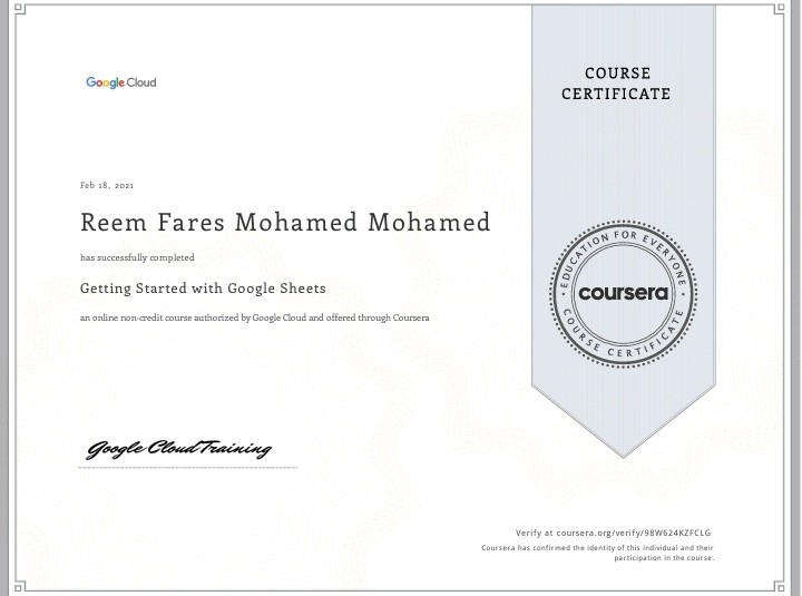 شهادة معتمدة من Google في started with Google sheet