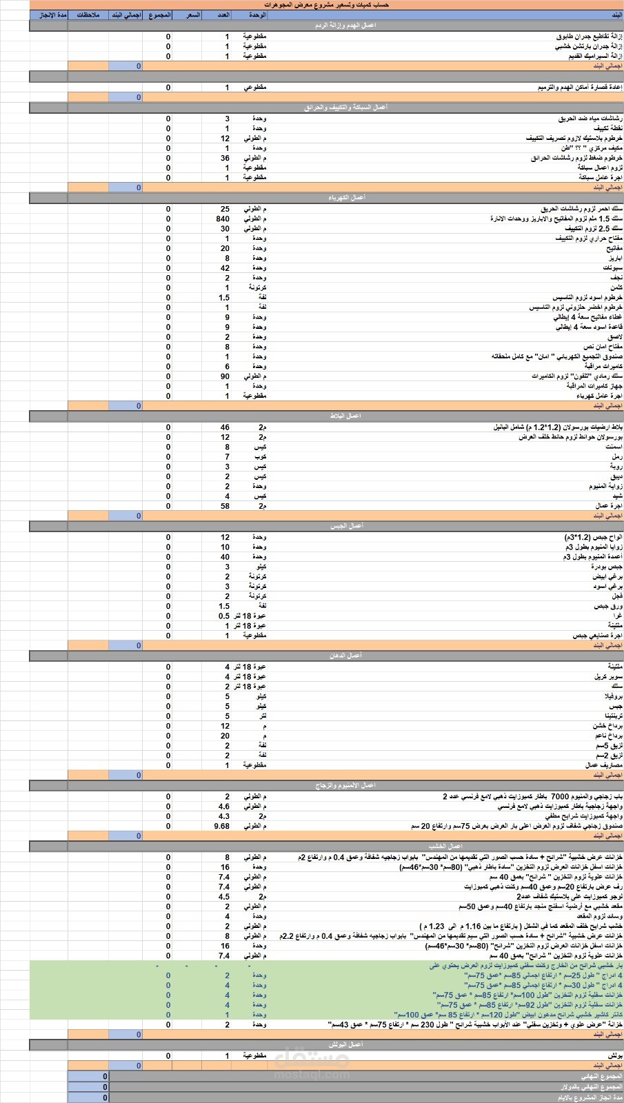 نموذج حساب كميات وتسعير فارغ لمعرض مجوهرات Table of quantities and specifications