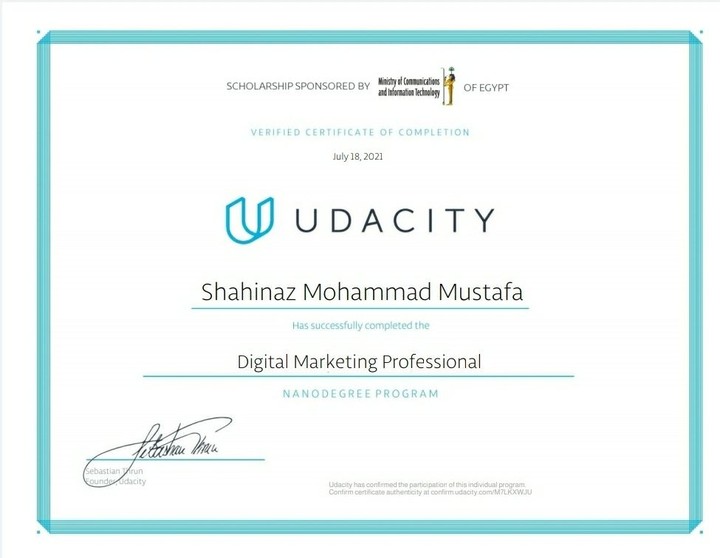 شهادة برنامج Nanodegree للتسويق الرقمي من Udacity. المستوى الثاني Digital marketing Nanodegree Professional Track