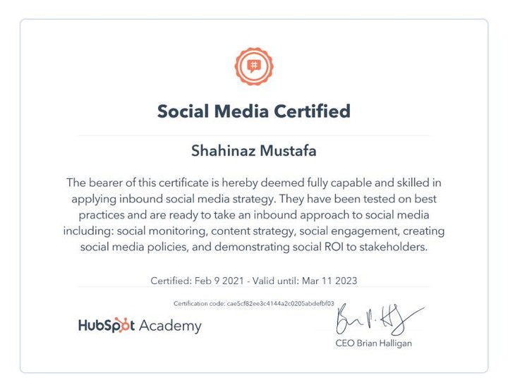 شهادة التسويق عبر وسائل التواصل الاجتماعي من أكاديمية HubSpot، Social Media Certified from Hubspot