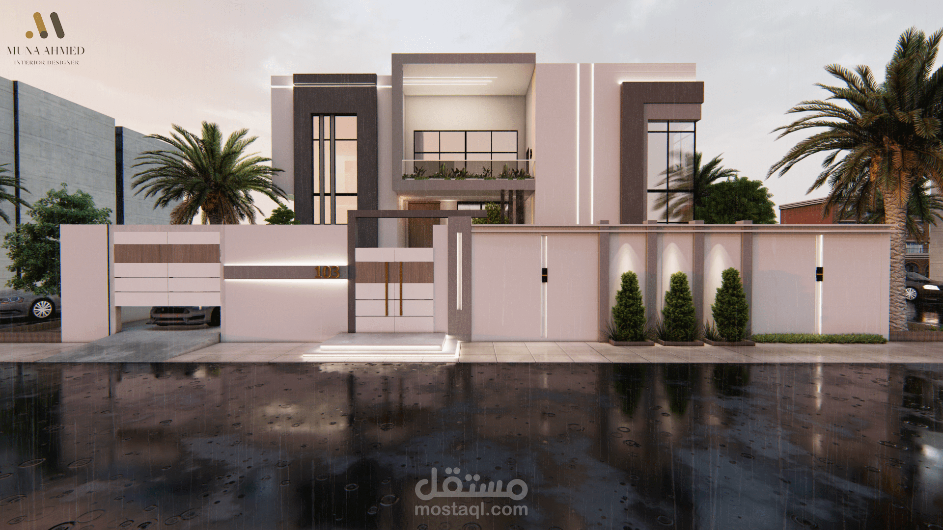 تصميمي لواجهة فيلا سكنية مع حديقة داخلية