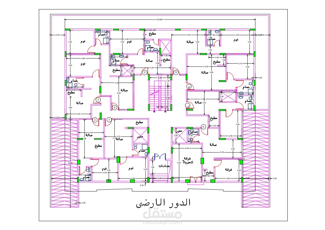 تقسيم قطعة أرض ٢٦×٢٢م الى ثلاثة أدوار ونص  يحتويان على ٣٣ استوديو