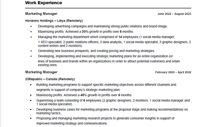 سيرة ذاتية ل Marketing Manager متوافقة مع نظام ال ATS