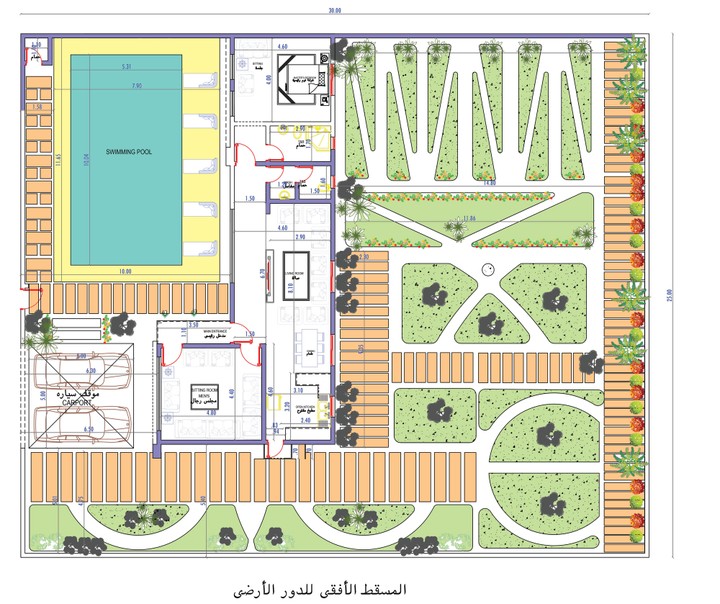 مخطط استراحة 120 متر مربع بالمدينة المنورة يشمل الواجهات 2D واللاندسكيب