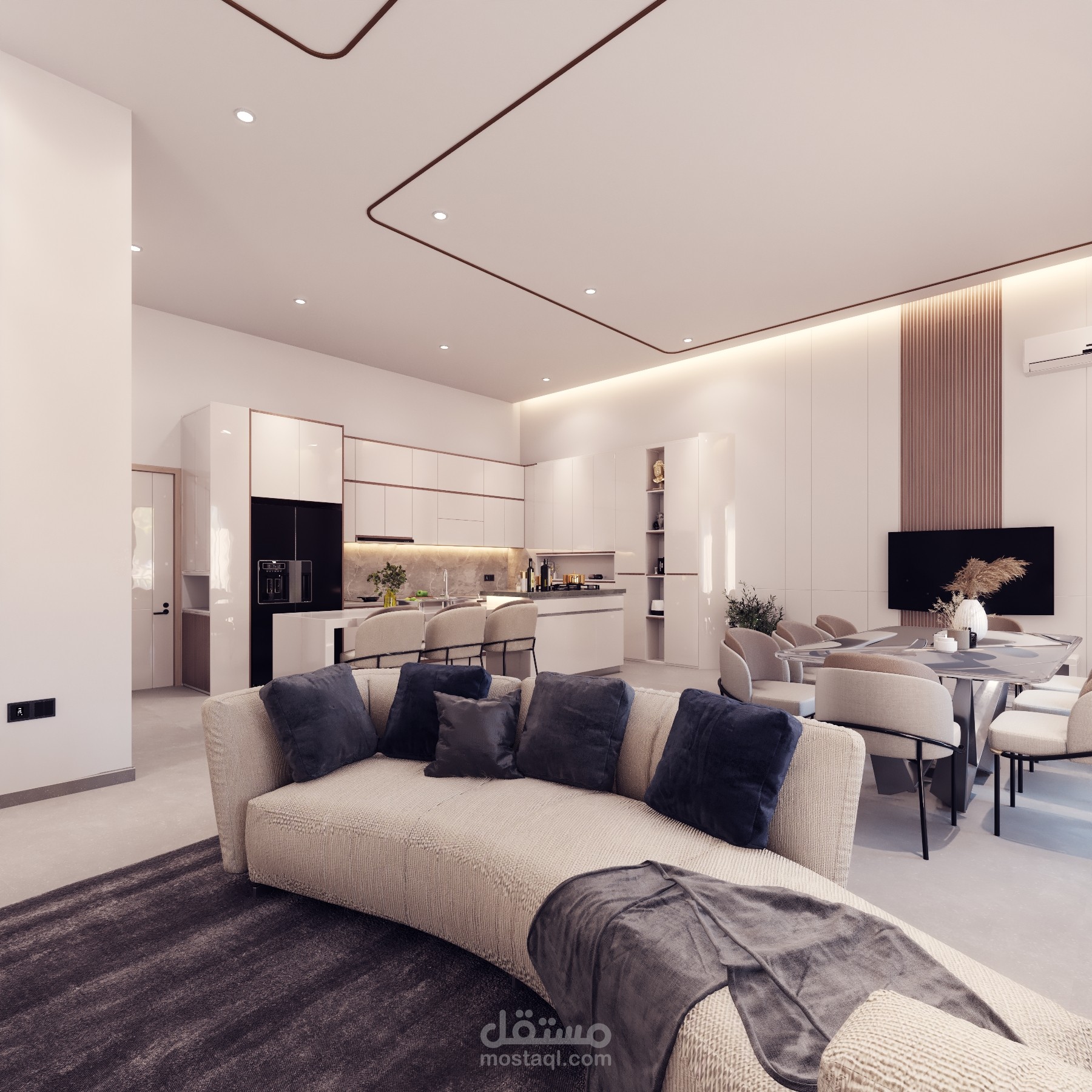 تصميم صالة معيشة مع مطبخ امريكي على الطراز البسيط | مستقل