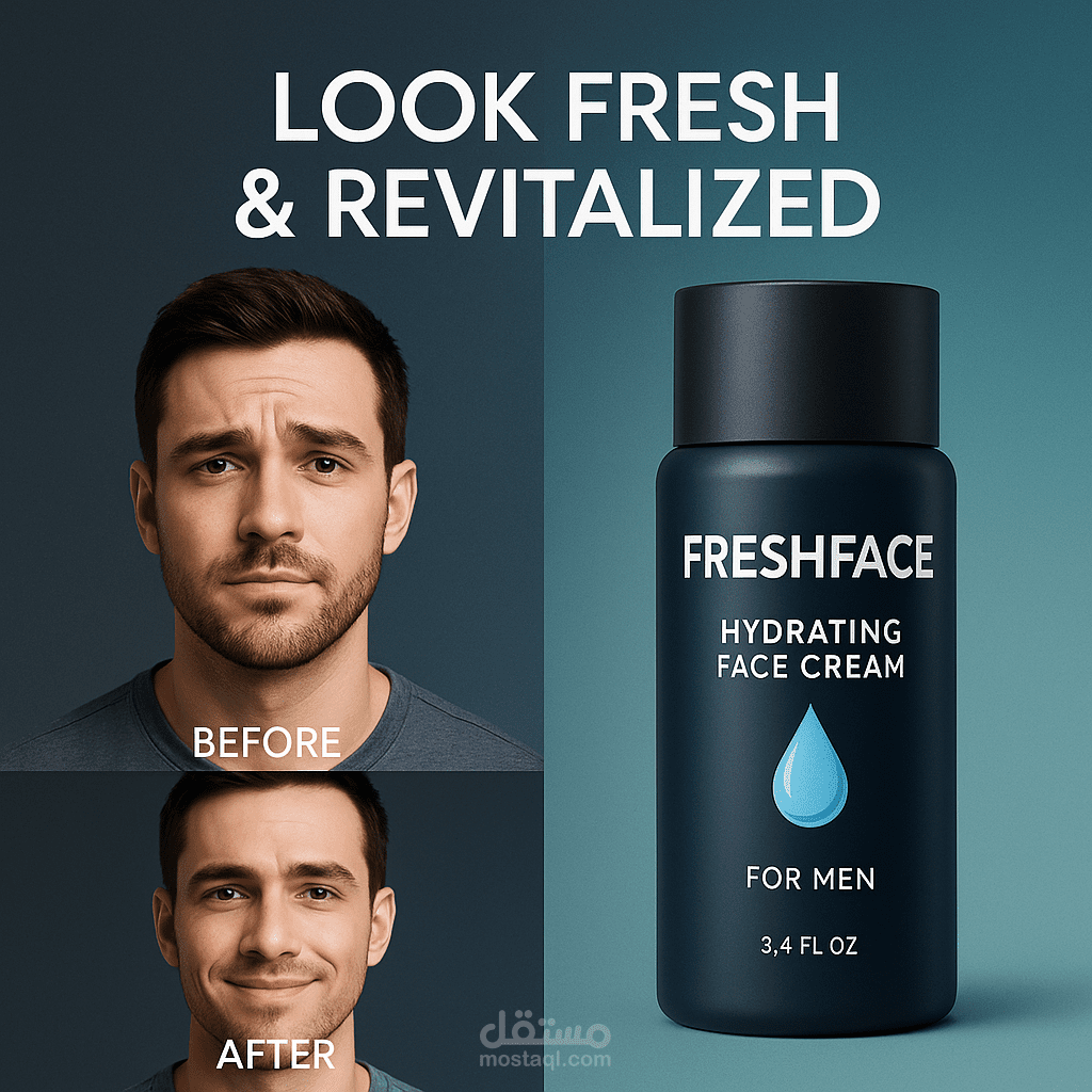 تصميم دعائي لمنتج كريم ترطيب رجالي – FreshFace