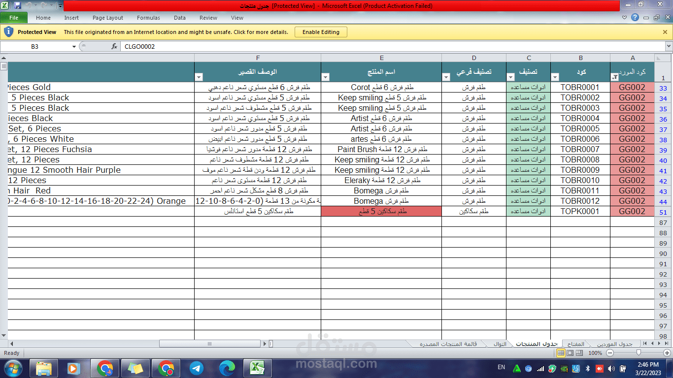 عمل جدول لمنتجات فنية