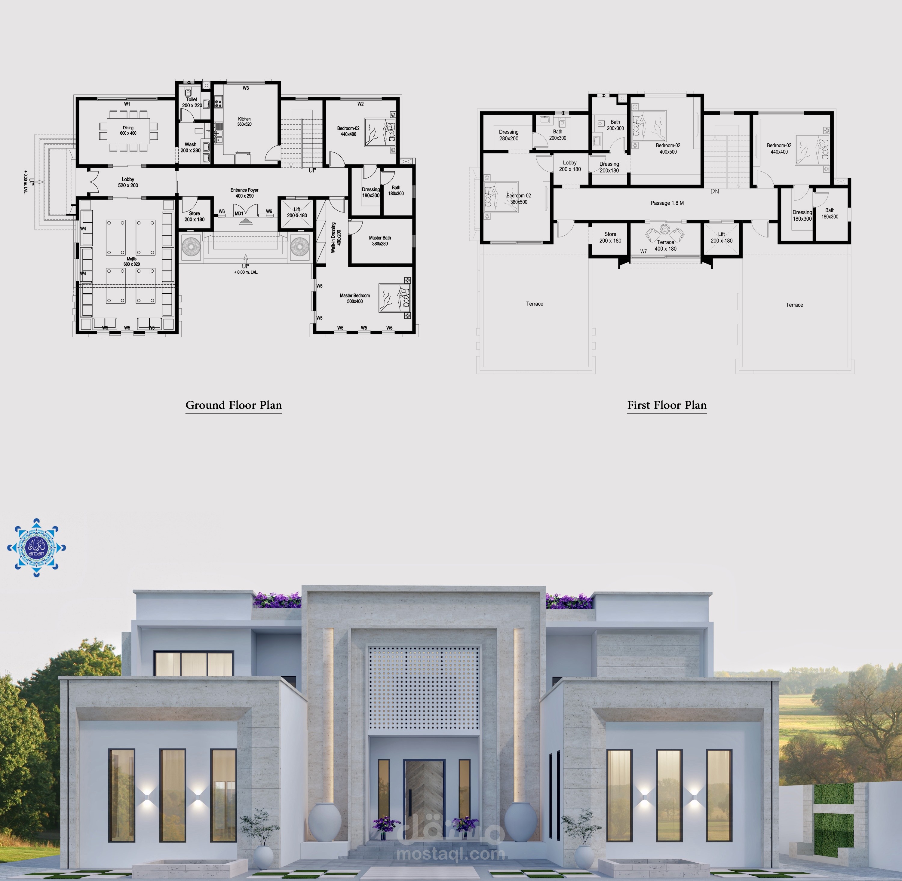 Villa design (Layout - 3D elevations )