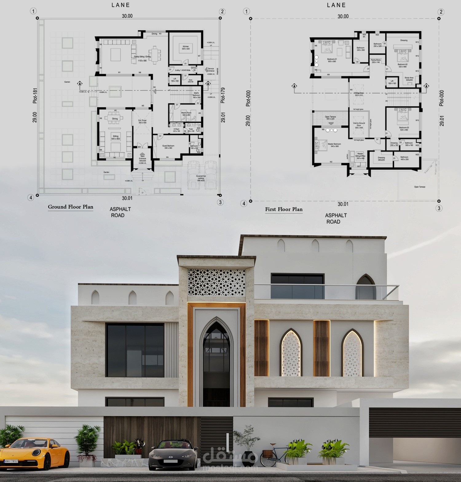 Villa design (Layout - 3D elevations )