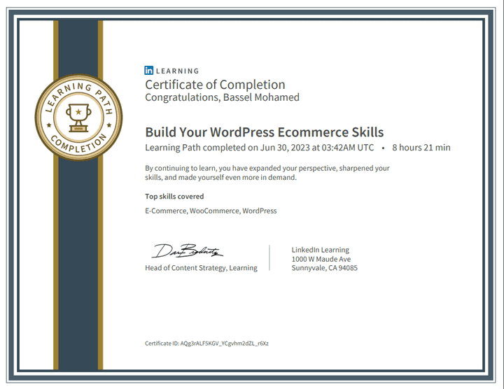 شهادة بناء المتاجر الاكترونية على الوردبريس WordPress Ecommerce Skills من LinkedIn