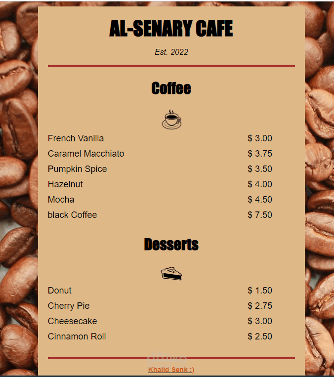 Editable Cafe Menu in HTML &Css