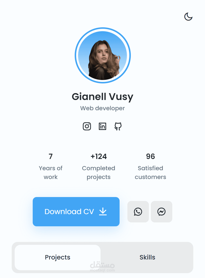 تصميم موقع ملف شخصي يضهر فيه اعمالك وماهاراتك وجميع طرق التواصل للوصول اليك  مع امكانيه الدارك مود ( dark Mod ) والايت مود ( Light Mod )