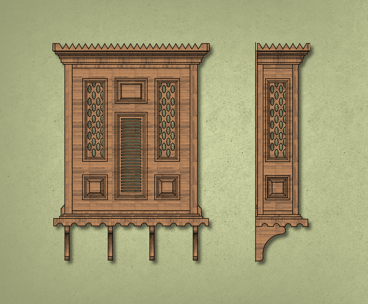 تصميم مكون ثنائي وثلاثي الابعاد لمشربية تراثية او رواشين جدة التراثية