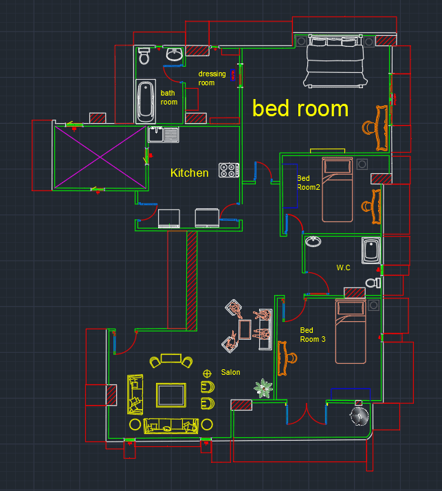 تصميم ثنائى الابعاد لمسقط أفقى لشقة سكنية