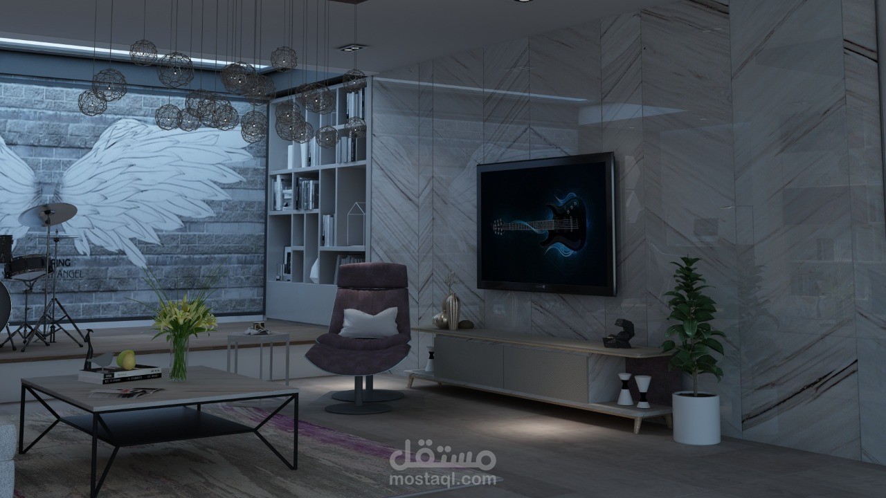 تصميم داخلي لغرفة معيشة بطابع فني عصري.