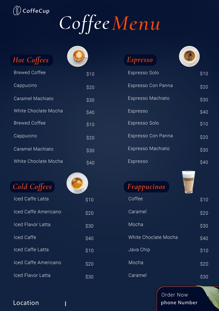 Menu For Cafe