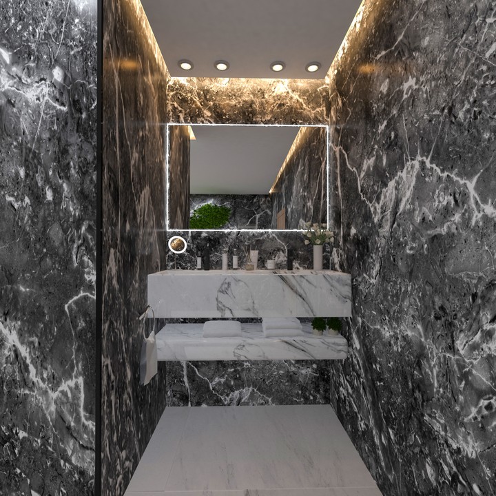 marble and soft lighing in bathroom design