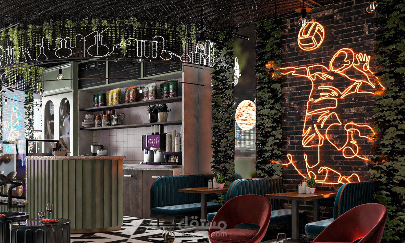"Modern Café Interior Design with Neon Sports Theme"