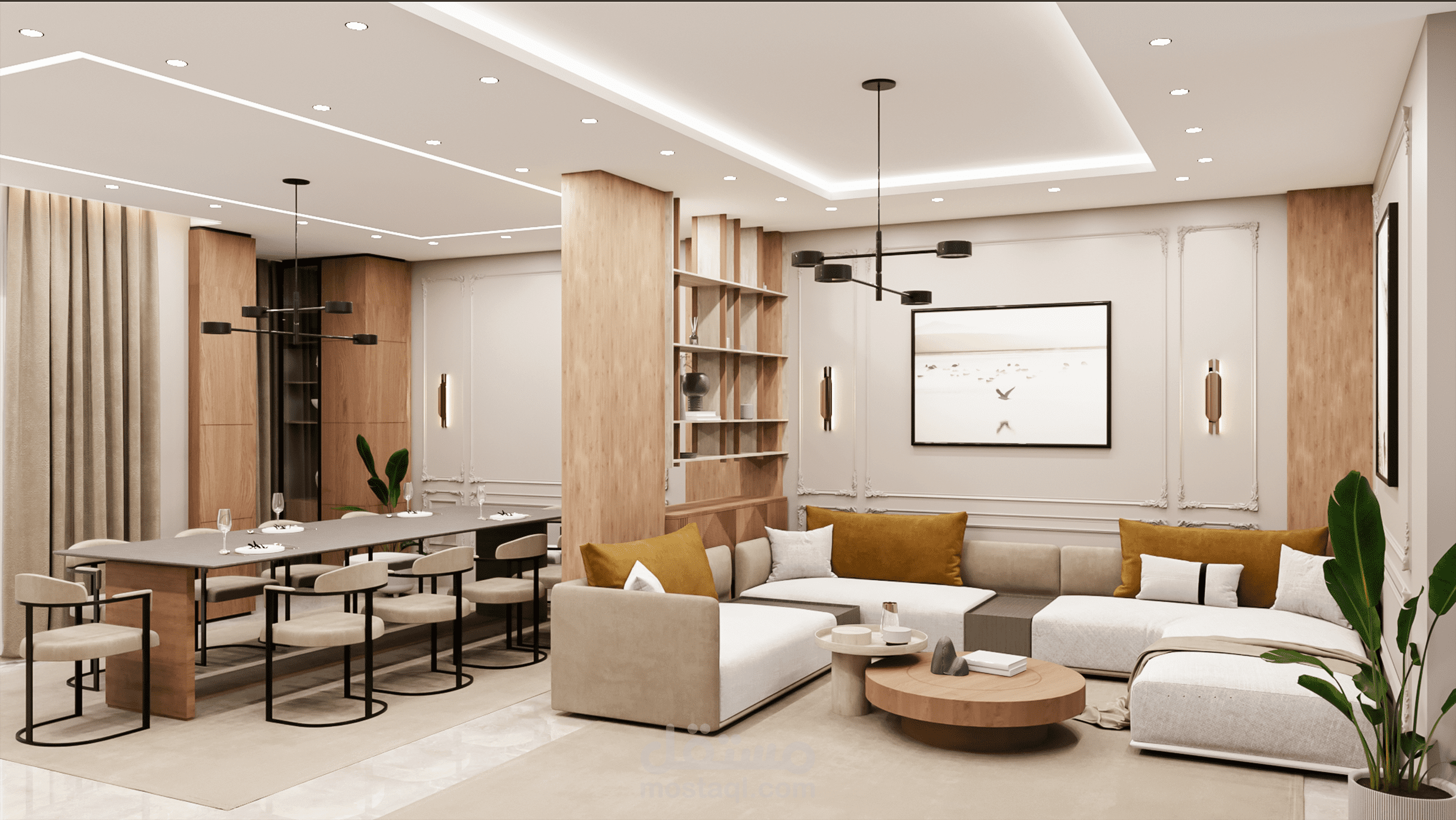 تصميم داخلي لفراغ استقبال و طعام ومعيشة  - 3D Reception & Dining & Living  Space Interior Design