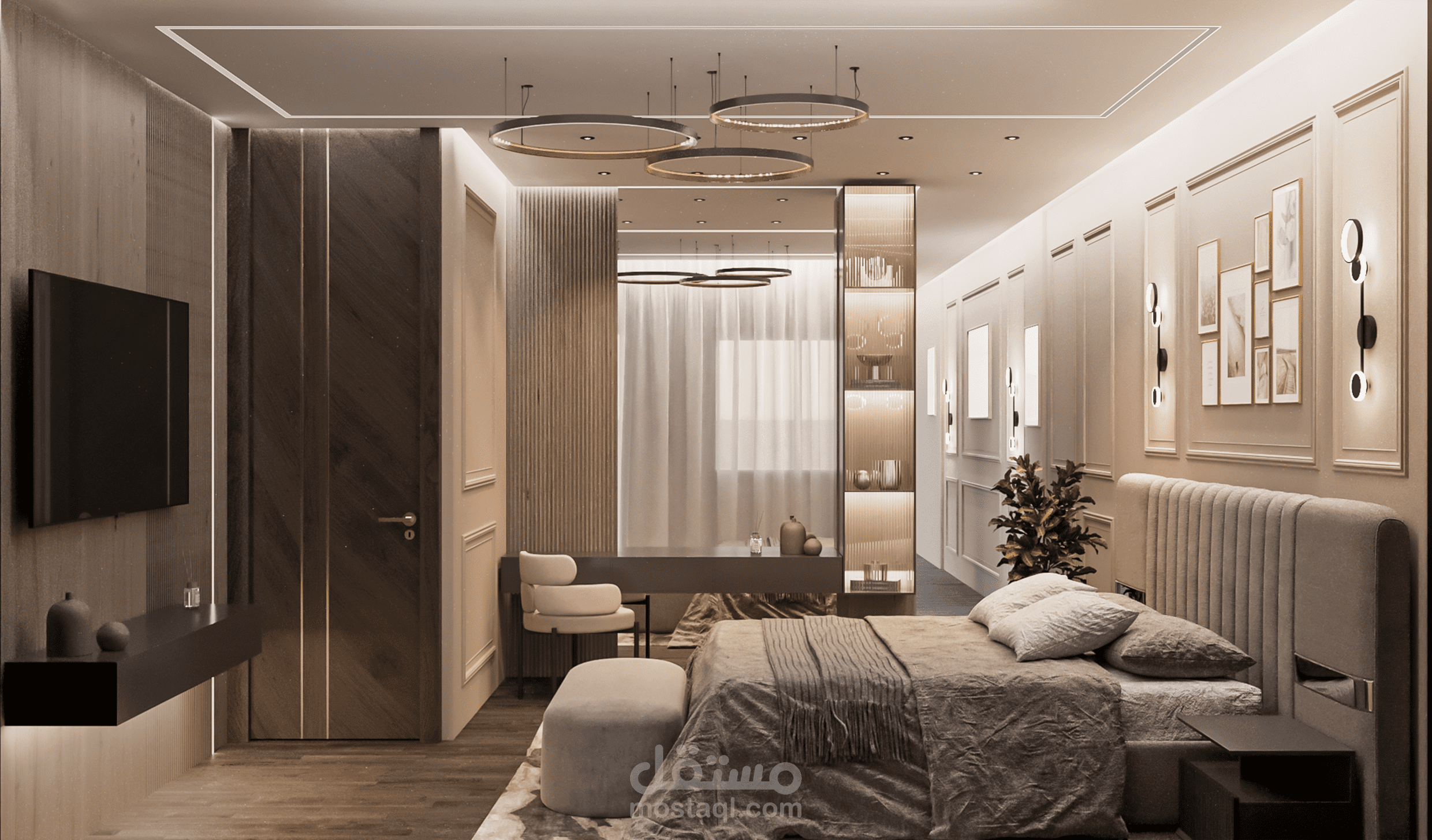 تصميم داخلي لغرفة ماستر ملحق بها مساحة ملابس و حمام خاص بها - 3D Master Bedroom + Dressing Area + Bathroom Interior Design